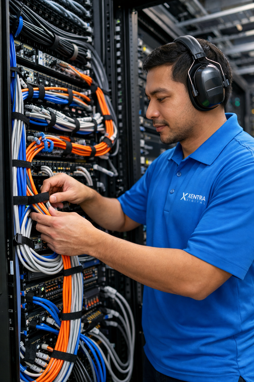 Technician performing cable management in a server rack